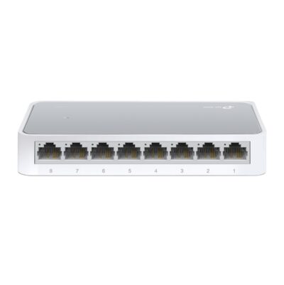 Switch TP-LINK TL-SF1008D 8 puertos RJ45 a 10/100 Mbps con detección automática de velocidad, soporte para MDI/MDIX automático Tecnología de ahorro de energía para Ethernet que reduce el consumo El control de flujo IEEE 802.3x permite una transmisión fiable de datos Carcasa de plástico, diseñado para ser usado como equipo de sobremesa o montarlo en la pared Plug and Play, sin ninguna configuración adicional Switch TP-LINK TL-SF1008D